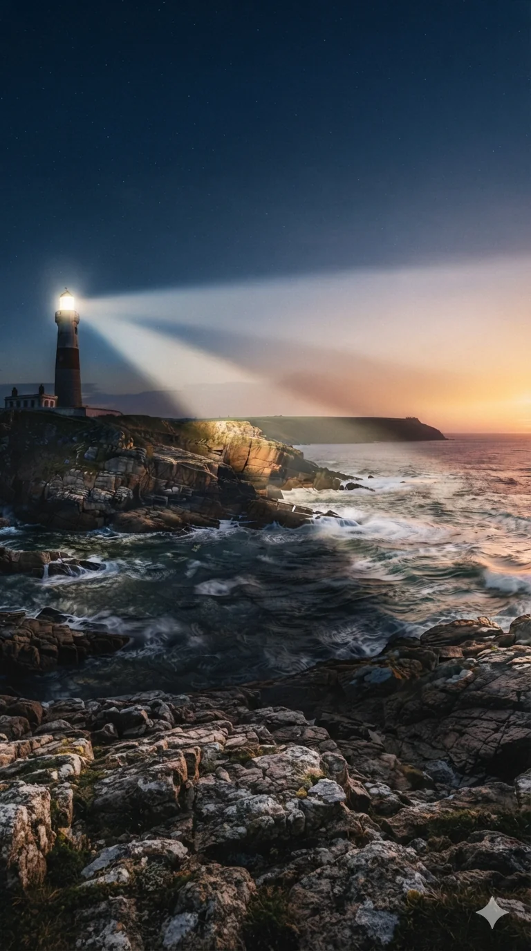 Lighthouse beam over a rocky coastline at dusk